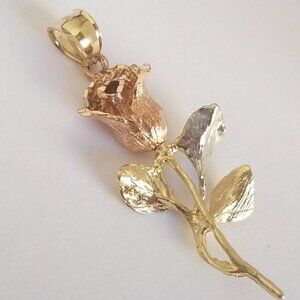 Solid 14k yellow white rose flower Gold pendant charm 3D
